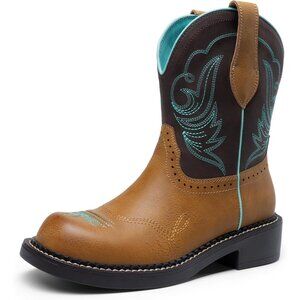 ⚡Women's Tan Brown Round Toe Embroidered Mid Calf Western Casual Cowgirl Boots
